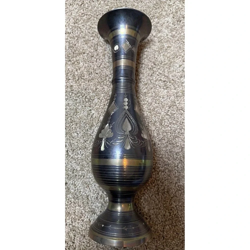 Vintage Black Etched Brass Vase Handcrafted in India 13